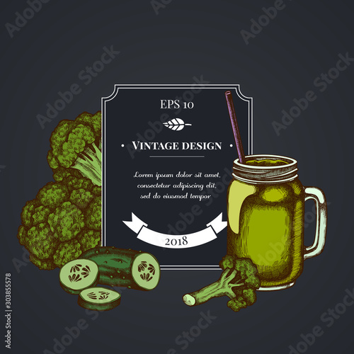 Dark badge design with broccoli, smothie jars, cucumber