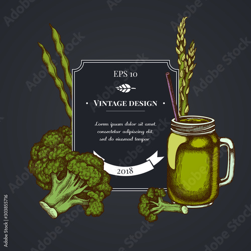 Dark badge design with broccoli, green beans, smothie jars