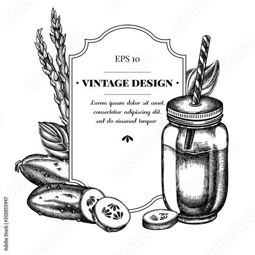 Badge design with black and white green beans, basil, smothie jars, cucumber