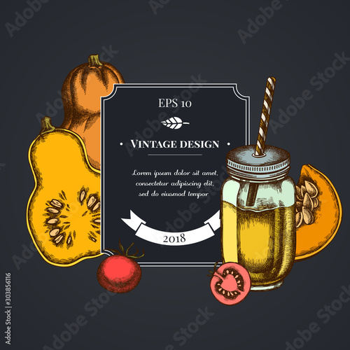 Dark badge design with cherry tomatoes, pumpkin, smothie jars