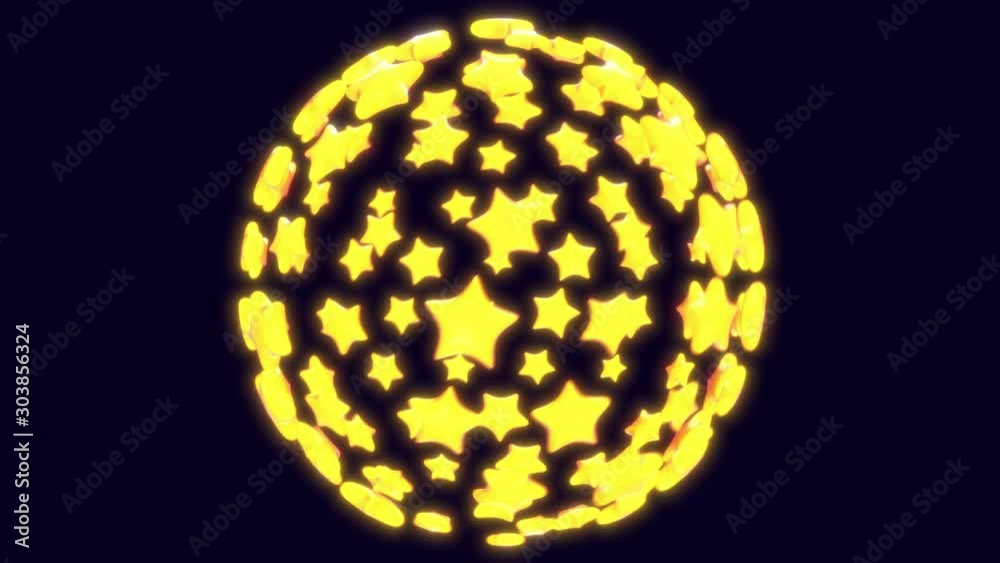 Realistic 3d cartoon flying and rotated sphere of yellow stars on black background. Abstract bright concept for games or broadcast decoration. Loop 3d animation. Realistic 3d cartoon flying and rotated sphere of yellow stars on black background. Abstract bright concept for games or broadcast decoration. Loop 3d animation.