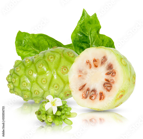 Quadro su tela noni or Morinda Citrifolia and slice isolated on white background