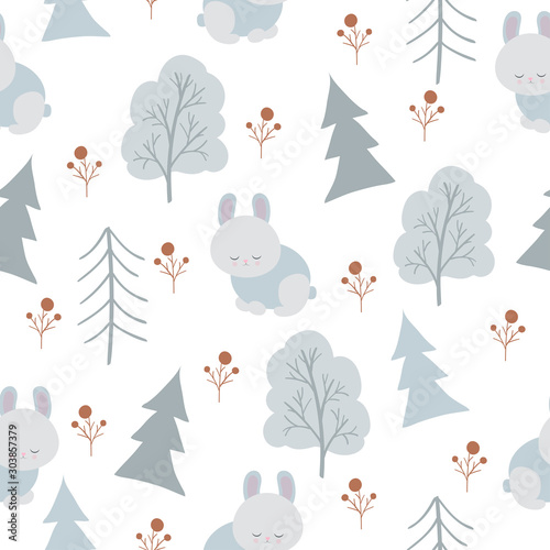 Cute bunny in winter forest seamless pattern. Wild nature vector pattern for kids fabric  wallpaper