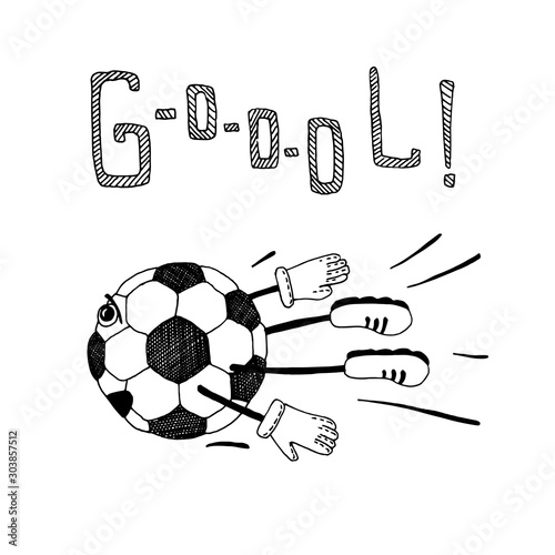 Cartoon soccer ball with a face, emotions, arms and legs flies into the goal net. Hand drawn doodle vector illustration. For the design of sports content, banner, background.