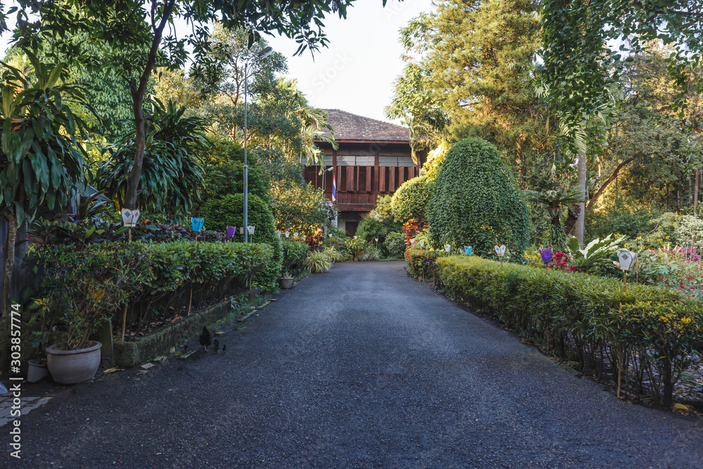 Thailand traditional buildings with road and garden