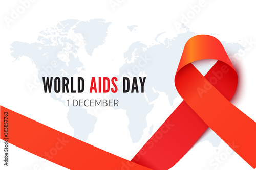 International AIDS day, december first banner template. HIV positive, ill people solidarity poster layout. Medical disease tolerance concept. Red ribbon and world map illustration with typography