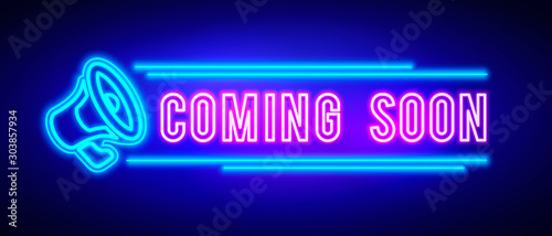Vector illustration Colorful Coming Soon Neon Sign With Megaphone On Dark Background.