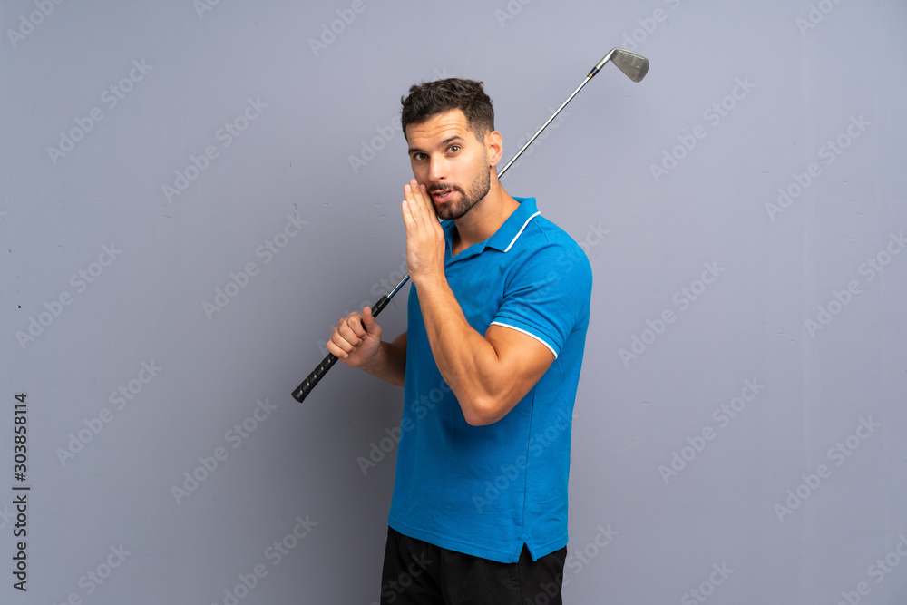 Handsome young man playing golf whispering something Handsome young man playing golf whispering something