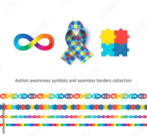 Autism awareness symbols and seamless borders vector set. Children with concern medical illness tolerance concept. Colorful jigsaw puzzle, awareness ribbon and flamboyant infinity sign illustrations