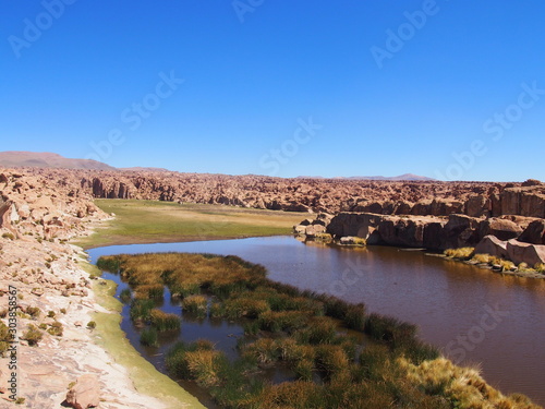 Laguna Misteriosa, Mysterious lake in the midst of beautiful sky and nature, Journey from San Pedro de Atacama in Chile to Uyuni in Bolivia