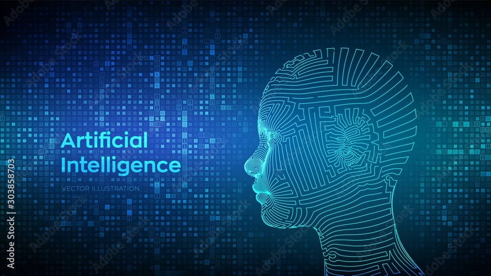 AI. Artificial intelligence concept. Abstract wireframe digital human face on streaming matrix digital binary code background. Human head in robot digital computer interpretation. Vector illustration. - obrazy, fototapety, plakaty 