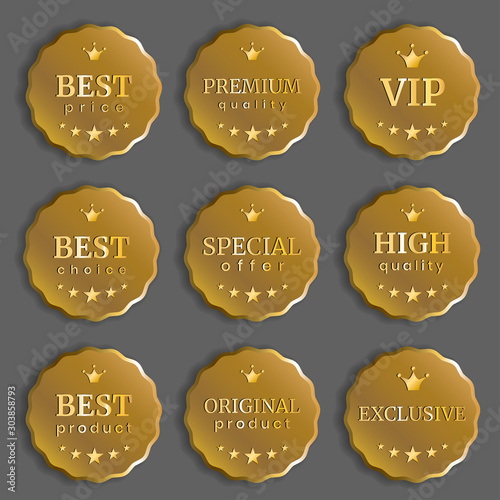 Set of dark gold badges. Set of metallic golden labels with different inscriptions. Medal templates. Vector illustration.