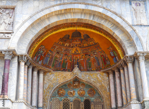 View of the exterior of the Saint Mark's Basilica (Basilica di San Marco) in Venice, Italy