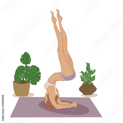 A woman does a yoga stand on her forearms in a sports top and shorts on the Mat. Vector illustration