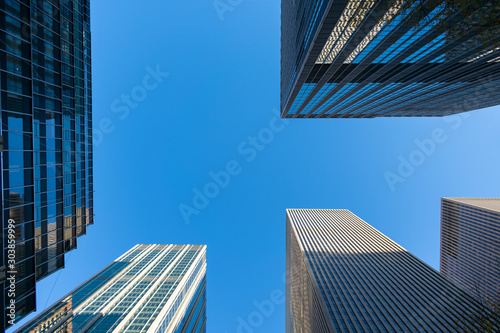 Looking up at Modern Skyscrapers in the Midtown Manhattan area of New York City
