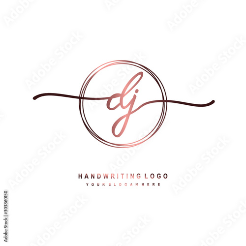 DJ Initial handwriting logo design with circle lines dark pink gradation color. handwritten logo for fashion, beauty, team, wedding, luxury logo