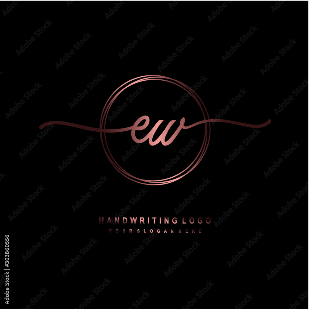 EW Initial handwriting logo design with circle lines dark pink gradation color. handwritten logo for fashion, beauty, team, wedding, luxury logo