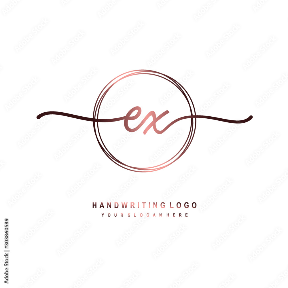 EX Initial handwriting logo design with circle lines dark pink gradation color. handwritten logo for fashion, beauty, team, wedding, luxury logo