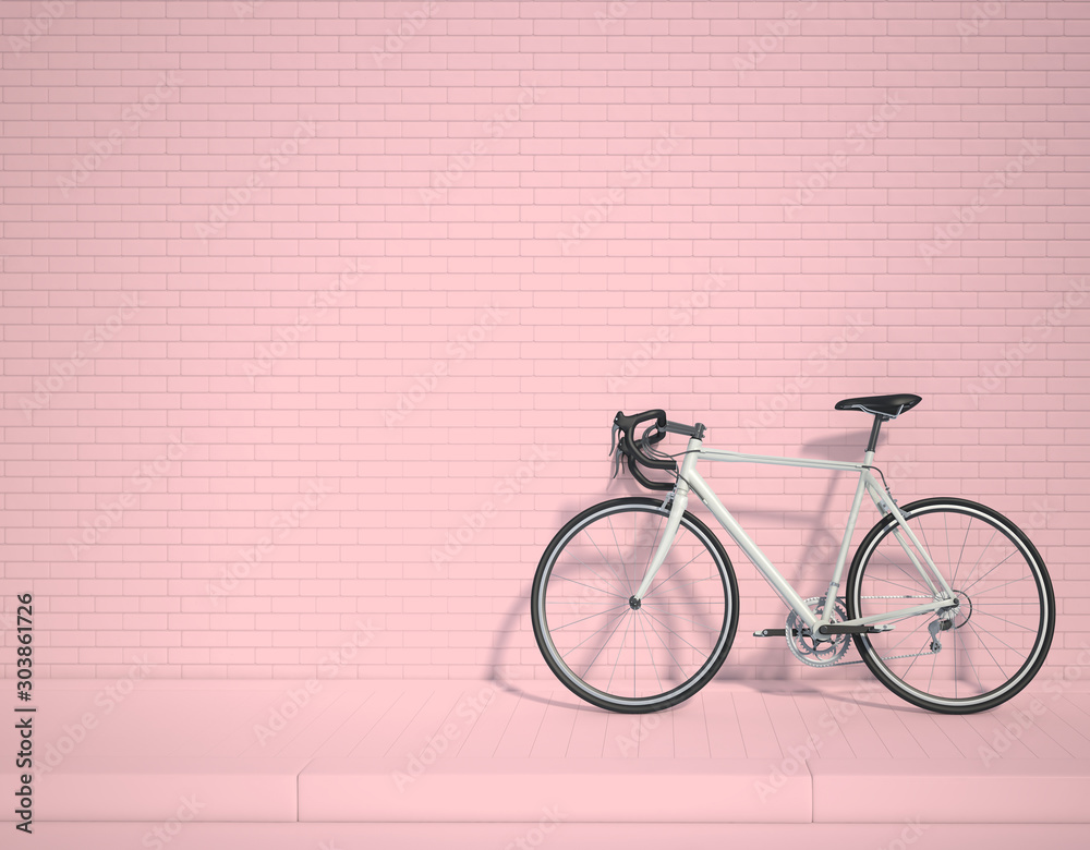 White bicycle in the lower right corner of the frame 3d rendering. 3d illustration ecological urban transport. Vintage bicycle in the room against wall. Copy space. peach tone background.