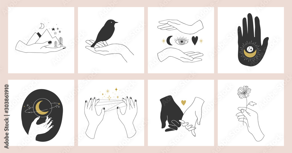 Collection of fine, hand drawn style logos and icons of hands. Fashion, skin care and wedding concept illustrations.