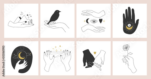 Collection of fine  hand drawn style logos and icons of hands. Fashion  skin care and wedding concept illustrations.