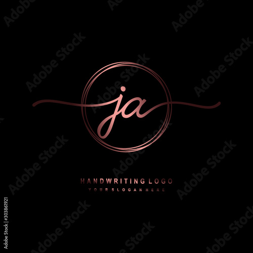 JA Initial handwriting logo design with circle lines dark pink gradation color. handwritten logo for fashion, beauty, team, wedding, luxury logo