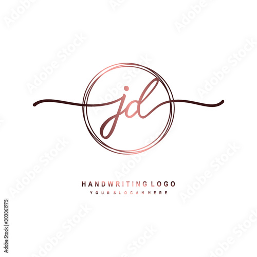 JD Initial handwriting logo design with circle lines dark pink gradation color. handwritten logo for fashion, beauty, team, wedding, luxury logo