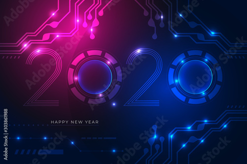 Happy new year 2020 design with futuristic technology background. Vector illustration