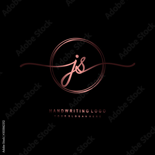 JS Initial handwriting logo design with circle lines dark pink gradation color. handwritten logo for fashion, beauty, team, wedding, luxury logo