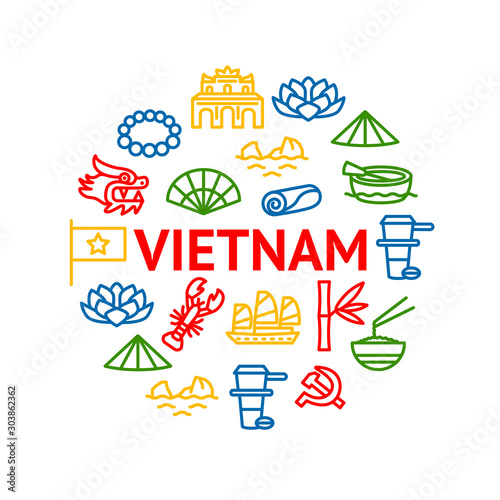 Vietnam Signs Thin Line Round Design Template Ad. Vector