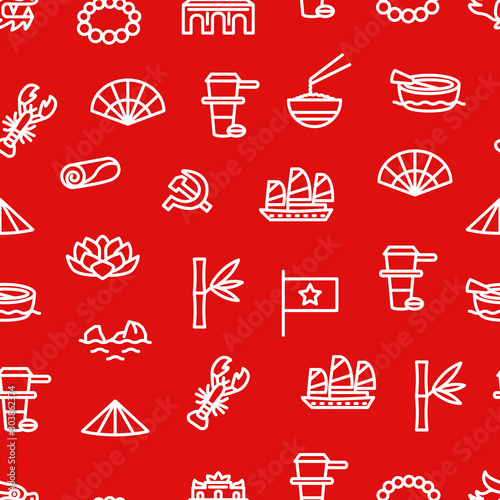 Vietnam Signs Thin Line Seamless Pattern Background. Vector