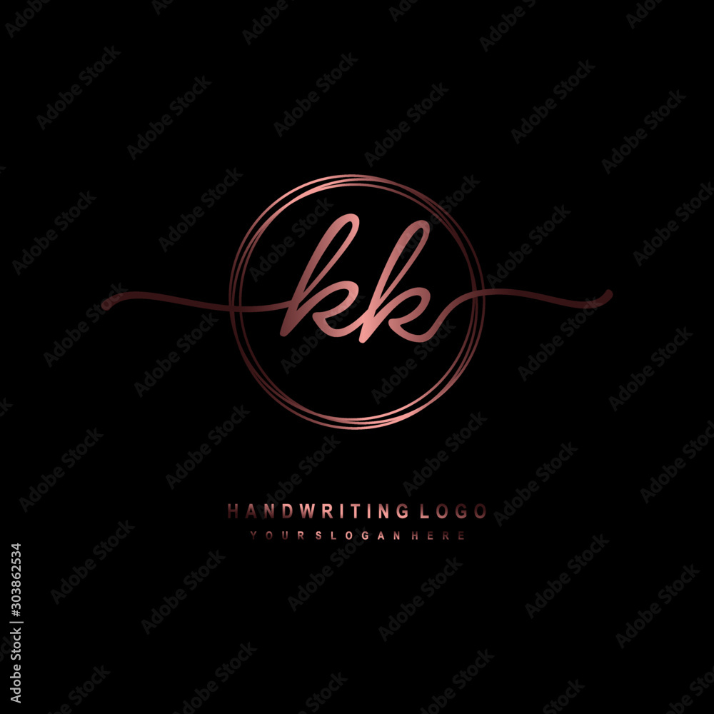 KK Initial handwriting logo design with circle lines dark pink ...