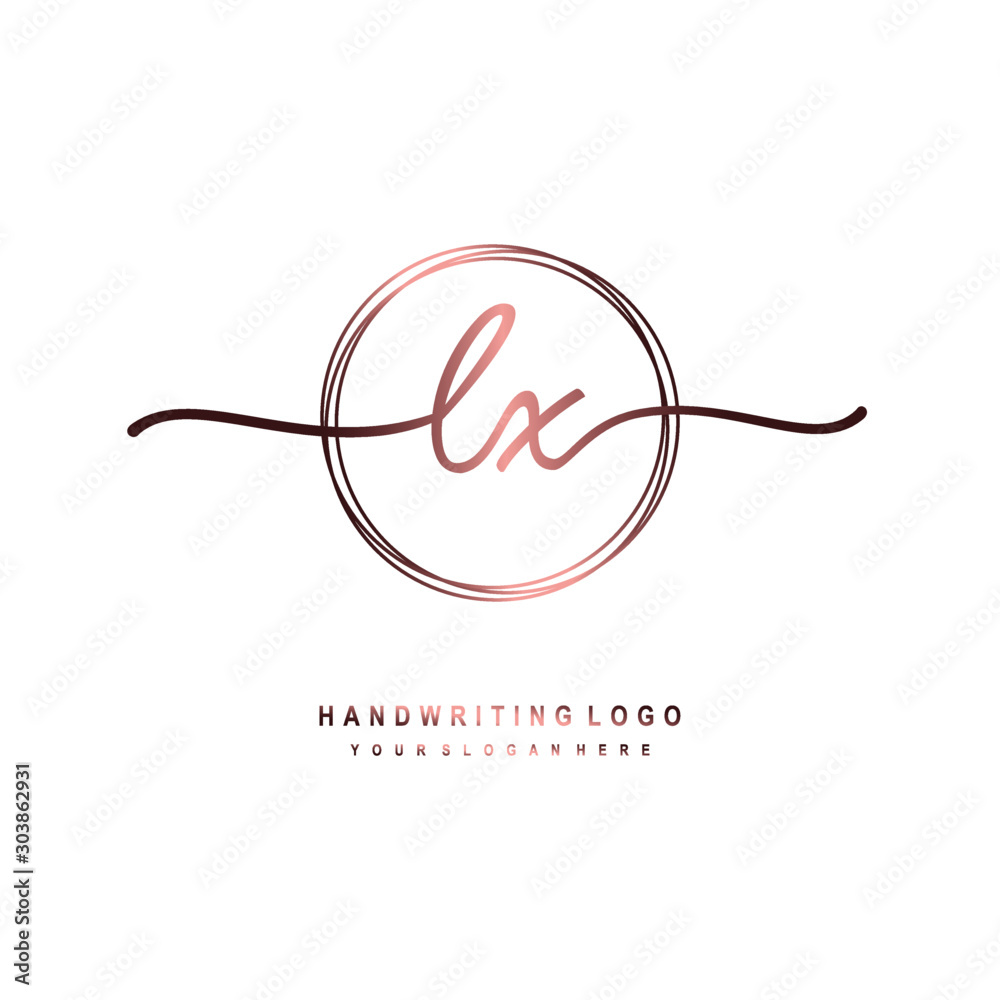 Fototapeta premium LX Initial handwriting logo design with circle lines dark pink gradation color. handwritten logo for fashion, beauty, team, wedding, luxury logo