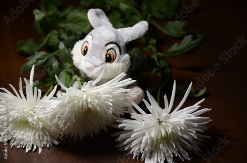 On a brown background are beautiful autumn white chrysanthemum flowers and a gray bunny.
