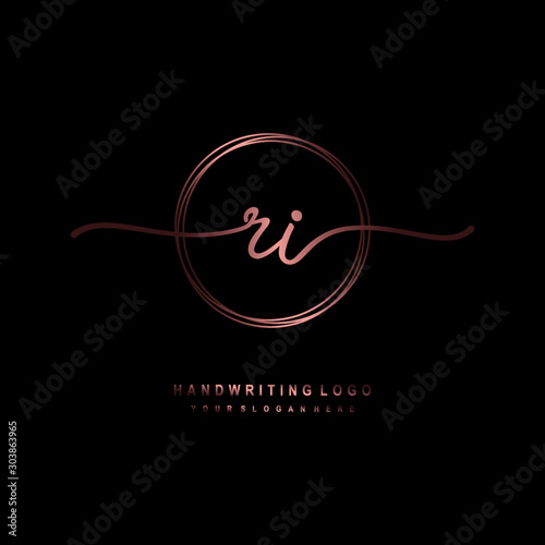 RI Initial handwriting logo design with circle lines dark pink gradation color. handwritten logo for fashion, beauty, team, wedding, luxury logo