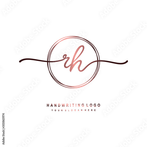 RH Initial handwriting logo design with circle lines dark pink gradation color. handwritten logo for fashion, beauty, team, wedding, luxury logo