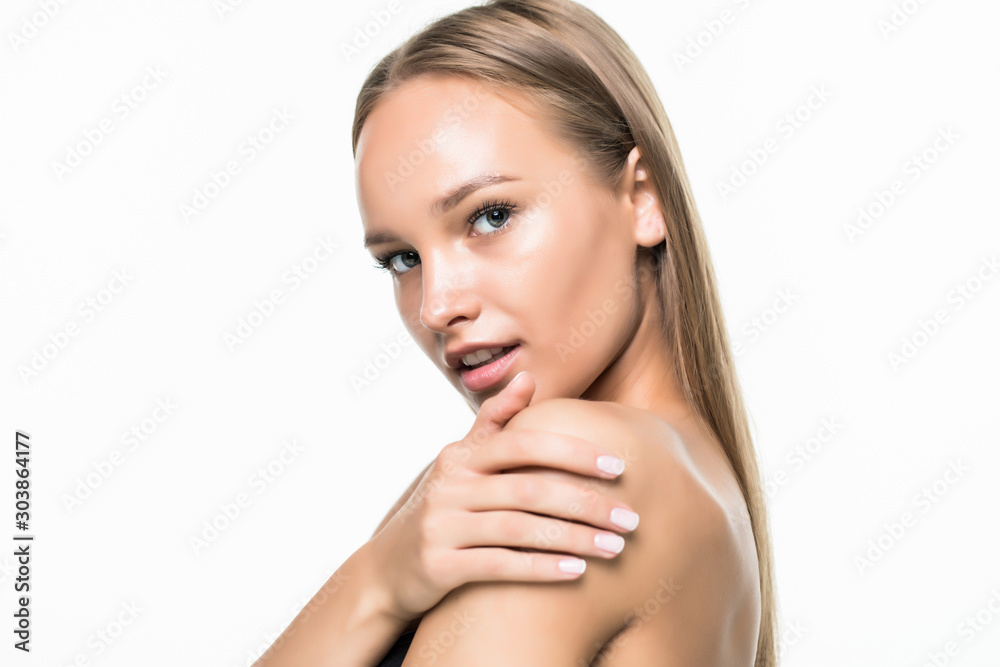 Beautiful woman cares for the skin neck posing at studio isolated on white bakground Beautiful woman cares for the skin neck posing at studio isolated on white bakground