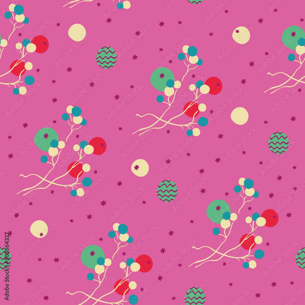 Fototapeta Bohemian christmas golden stars, green balls and turquoise berry seamless repeat pattern. Perfect for fabric, scrapbooking, wallpaper