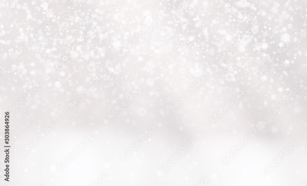 White gray background. white snowflakes, stars shiny and abstract blurred. Happy New Year and Merry Christmas winter holiday. use card wallpaper backdrop product.