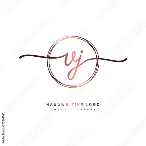 VJ Initial handwriting logo design with circle lines dark pink gradation color. handwritten logo for fashion, beauty, team, wedding, luxury logo