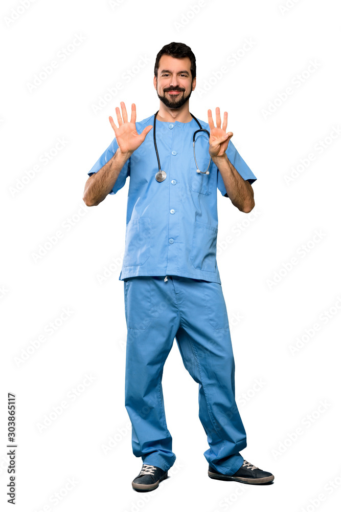 Full-length shot of Surgeon doctor man counting eight with fingers over isolated white background Full-length shot of Surgeon doctor man counting eight with fingers over isolated white background