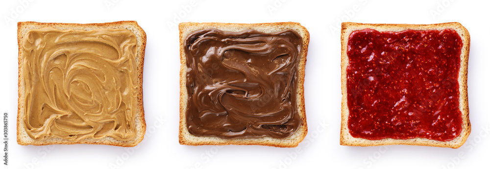 Ταπετσαρία Toasts with chocolate butter, peanut butter and  berry jam isolated on white background