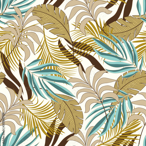 Summer seamless tropical pattern with bright yellow and blue plants and leaves on white background. Trendy summer Hawaii print. Beautiful print with hand drawn exotic plants.
