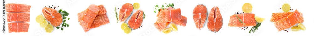 Set of fresh raw salmon on white background, top view. Fish delicacy - obrazy, fototapety, plakaty 
