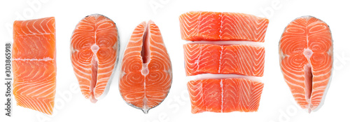 Tela Set of fresh raw salmon on white background, top view