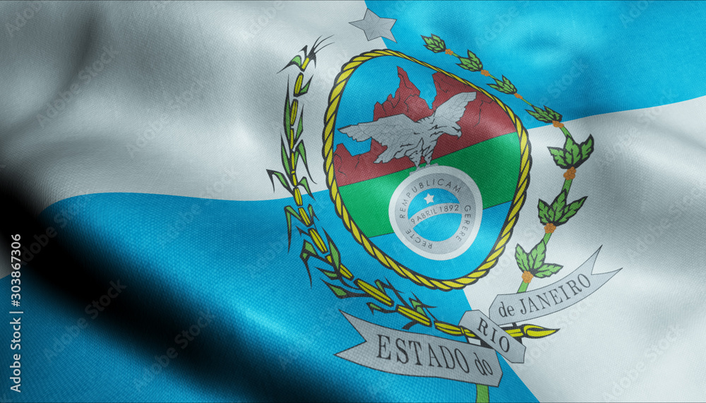 Fototapeta premium 3D Waving Brazil Province Flag of Rio de Janeiro Closeup View