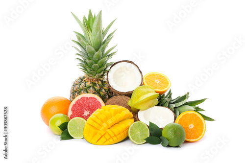 Pile of exotic fruits isolated on white background