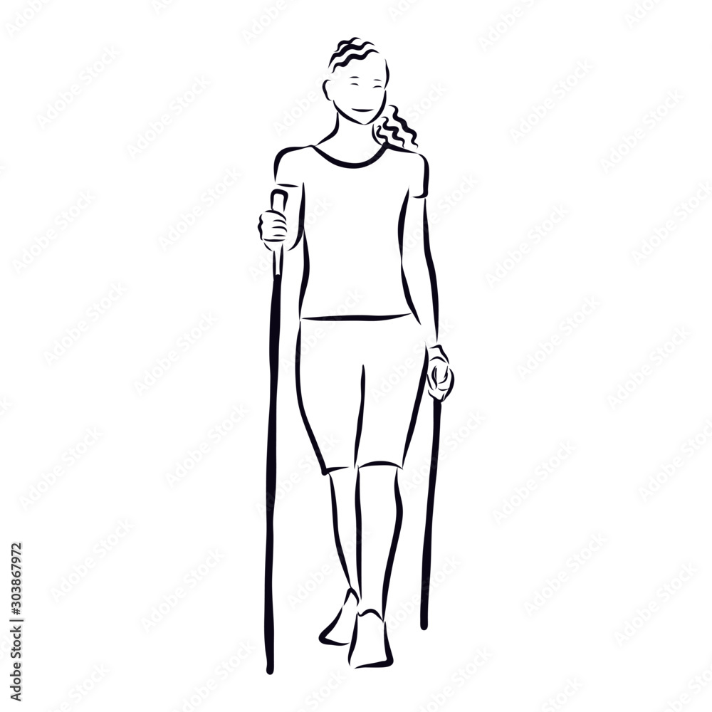 girl walking with Nordic walking poles girl walking with Nordic walking poles