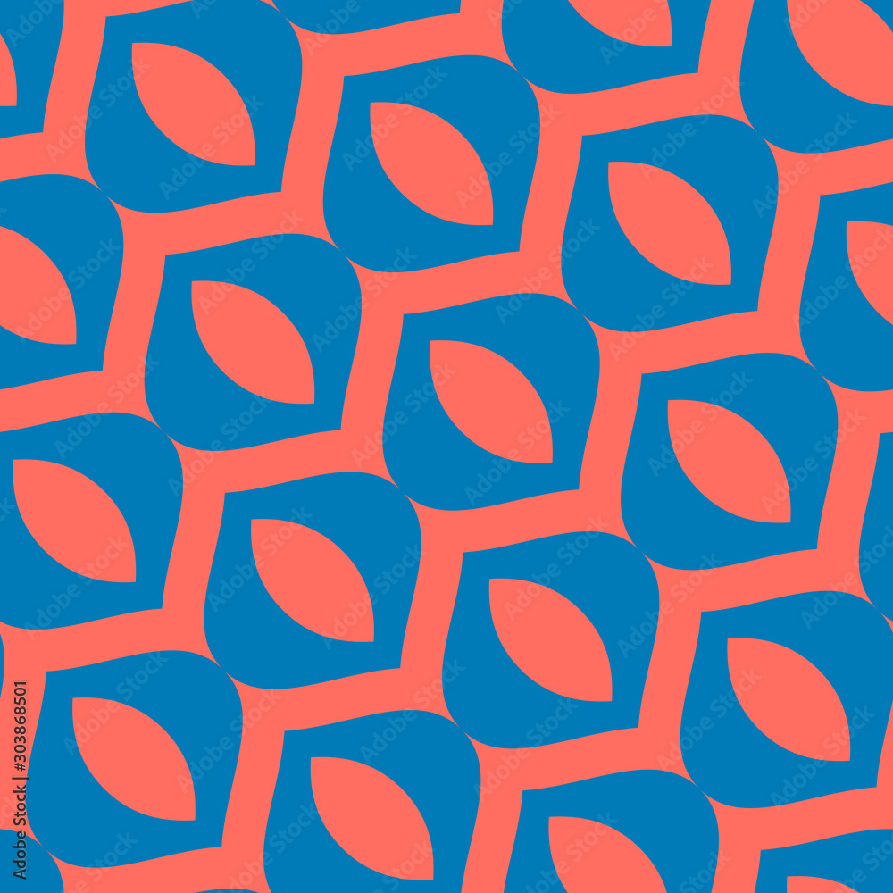 Abstract vector geometric seamless pattern. Bright blue and coral ornament