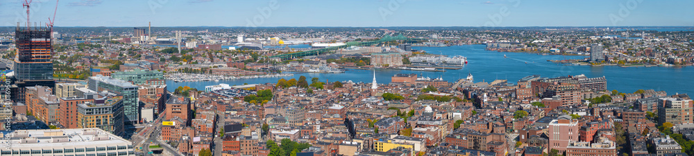 Boston harbor waterfront aerial view panorama, Boston, Massachusetts, MA, USA.
